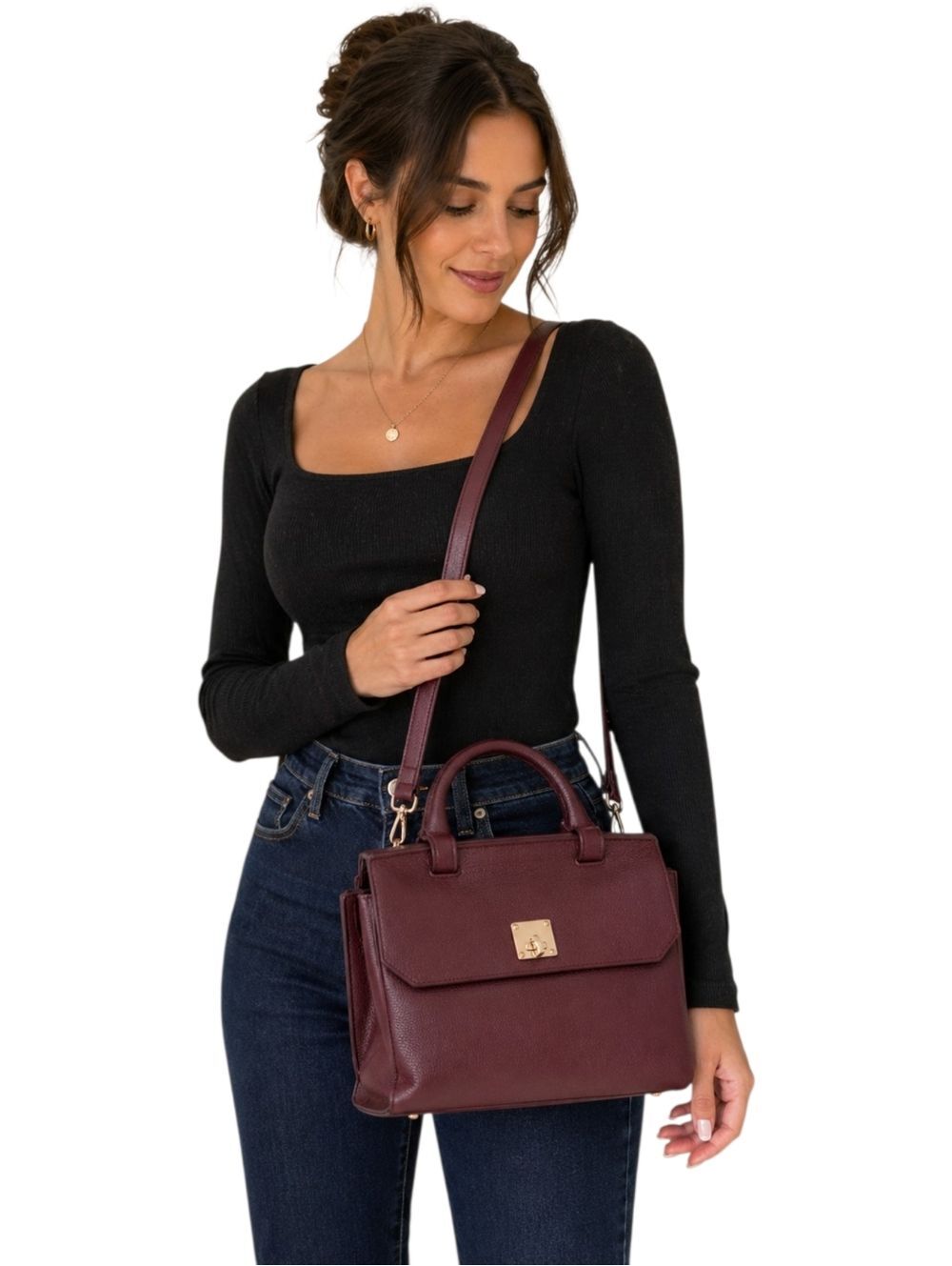 MCM Burgundy Pebbled Leather Satchel Crossbody Bag Gold Hardware Top Handle